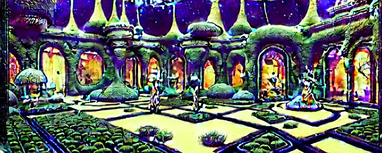 Image similar to a luxurious scifi futuristic victorian garden courtyard by killian eng, moebius, philippe druillet