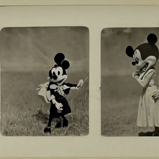 Prompt: depression - era photograph of mickey mouse and minnie mouse in the style of dorothea lange