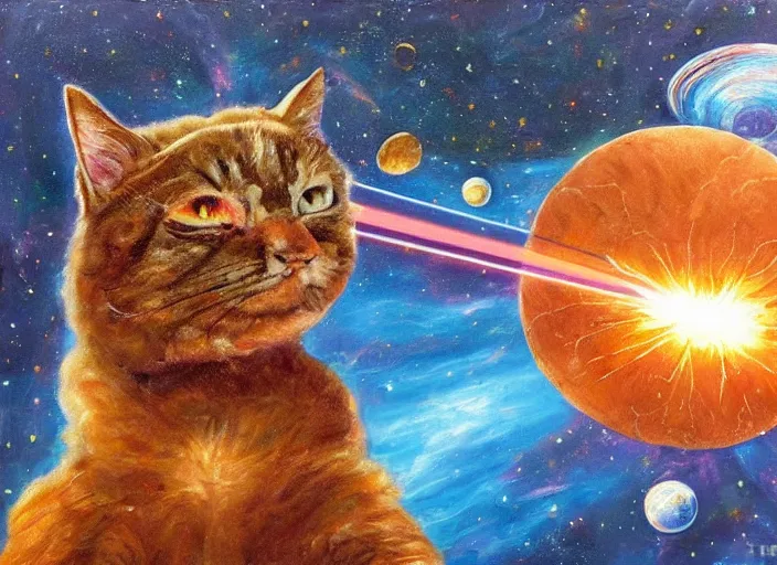 Image similar to giant cat shooting laser beams made of potato, in space, oil painting, detailed