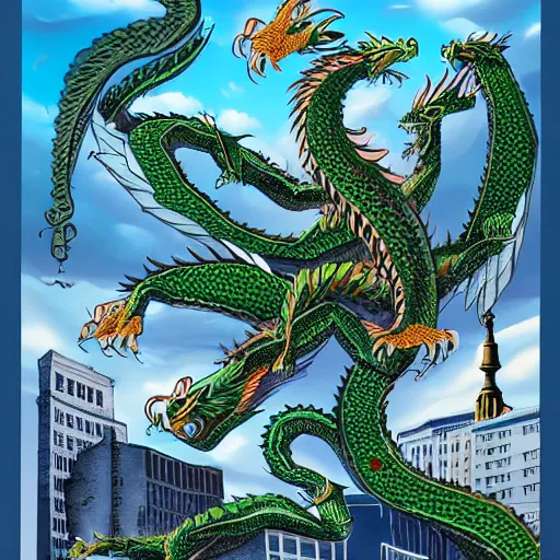 Prompt: 7 headed dragon flying in a city