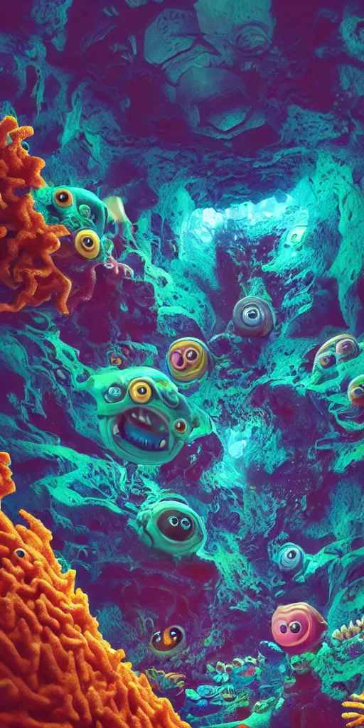 Image similar to of a colorful deep sea cave with strange cute friendly happy creatures with huge eyes, mouth, long tongue and round teeth appearing from sandy coral, in the style of gehry and gaudi, macro lens, shallow depth of field, ultra detailed, digital painting, trending artstation, concept art, illustration, cinematic lighting, photorealism, epic, octane render