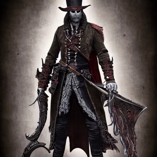 Image similar to Full body profile of Male Victorian Gothic Pirate, hd, intricate, bloodborne, 8k, digital art