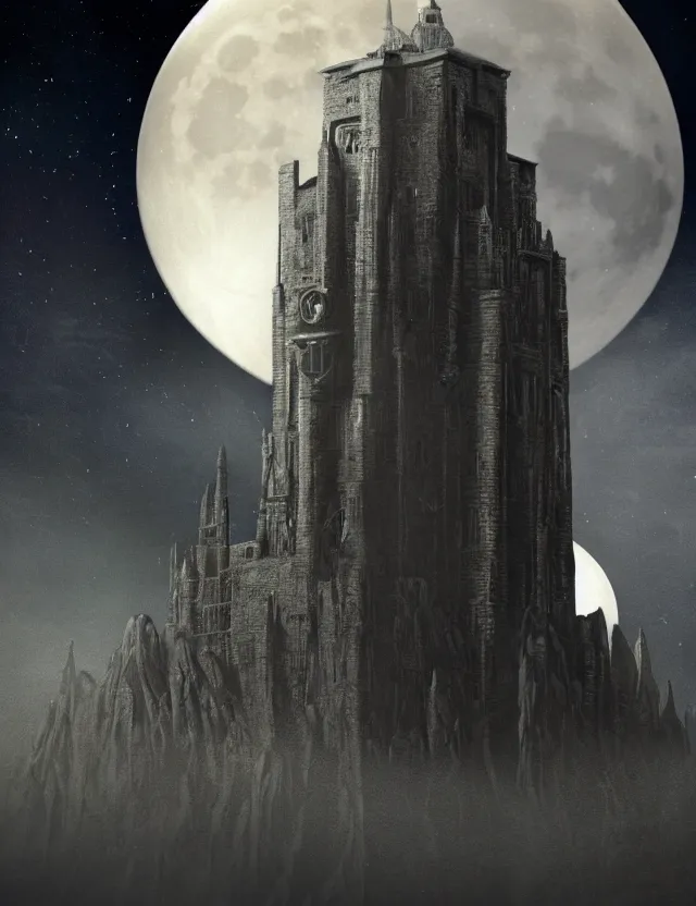 Prompt: A hyper realistic matte painting of a massive wizard\'s tower silhouetted against a huge moon. The tower is situated on an island in a tumultuous ocean. The tower has glowing engraved runes and dark windows an ominous sky an eerie jungle at twilight by michael whelan, keith parkinson, James Gurney and Gregory Crewdson. Subject in view, golden ratio composition, moody volumetric lighting, very wide shot, f11:10, trending on artstation and cgsociety