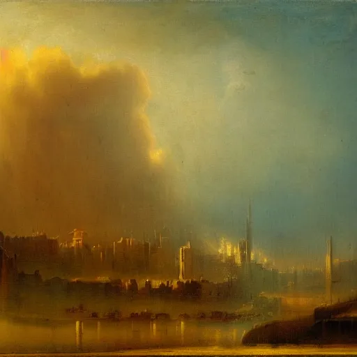 Prompt: a city in the clouds painted by john martin