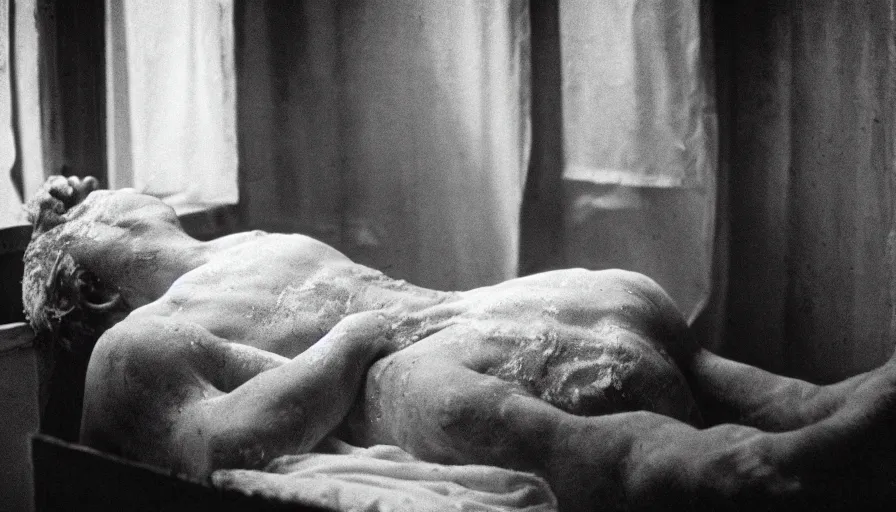 Prompt: movie still of jean - paul marat a wound at the chest, bleeding in the bath, cinestill 8 0 0 t 3 5 mm b & w, high quality, heavy grain, high detail, cinematic composition, dramatic light, anamorphic, ultra wide lens, hyperrealistic, by josef sudek