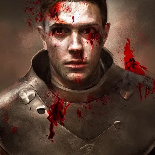 Image similar to landscape, portrait painting beautiful realism, a soldier in armor who was sprawled out was about to rise, his face covered in blood. cinematic scene, good lighting, fine art, trending on artstation, smooth draw, sharp focus.