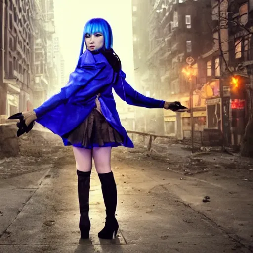 Prompt: breathtaking photo of an attractive young asian elf woman with pointy ears and blue hair, wearing a miniskirt and knee-high boots, crouching in an endlessly sprawling hazy abandoned city at night, extremely moody lighting, 8K