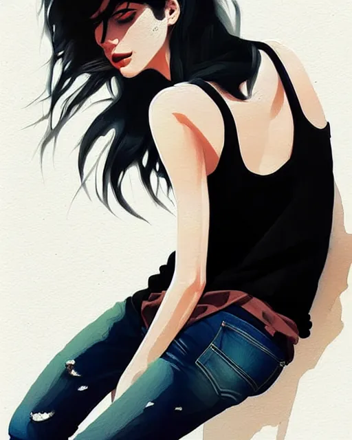 Prompt: a ultradetailed beautiful painting of a stylish woman in black tanktop and jeans, by conrad roset, greg rutkowski and makoto shinkai trending on artstation