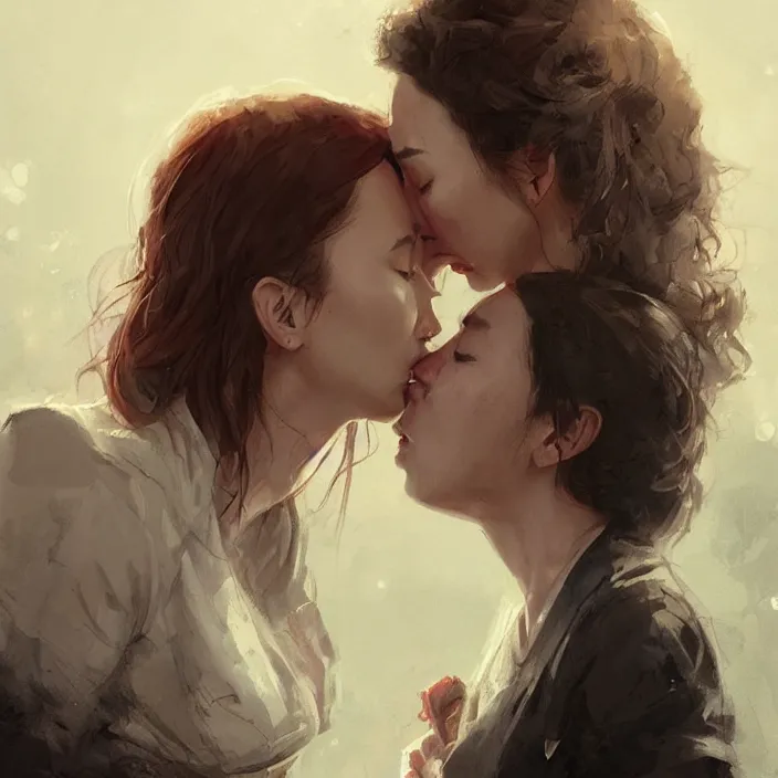 Image similar to jodie comer and sandra oh kiss by greg rutkowski