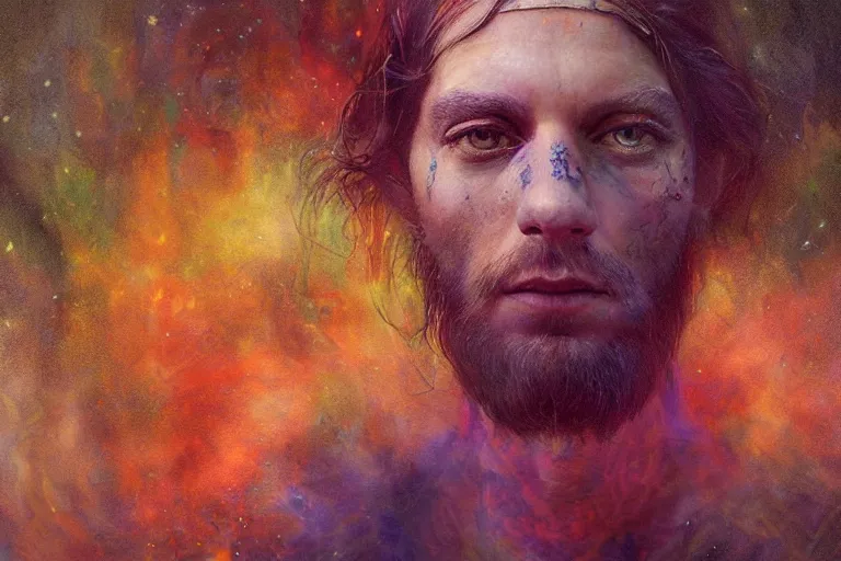 Image similar to full-length portrait of psychedelic shaman under fire light, highly detailed, sharp focused, ultra realistic digital concept art by Alyssa Monks, Charlie Bowater