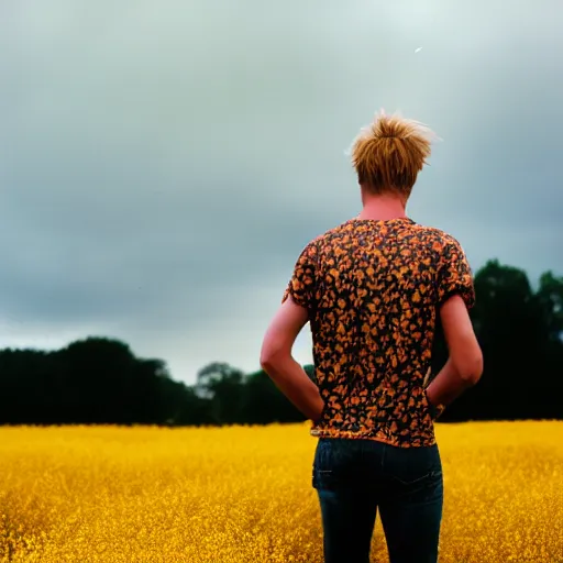 Image similar to kodak portra 4 0 0 photograph of a skinny blonde guy standing in field of golden flowers, back view, moody lighting, telephoto, 9 0 s vibe, blurry background, vaporwave colors, golden ratio, faded!,