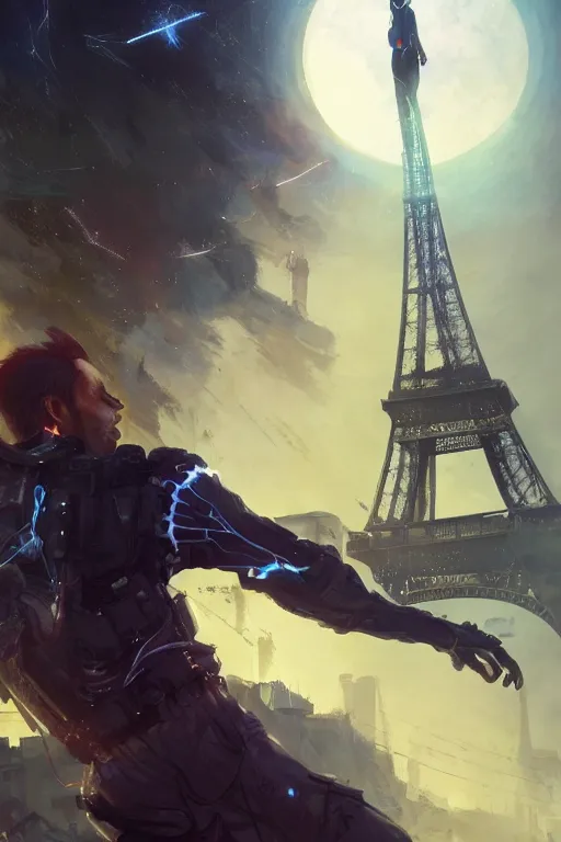 Prompt: a man from behind surrounded by energy flying away in a futuristic paris, 4 k, shimmering color, cinematic light, hyper detailed, art by greg rutkowski and magali villeneuve and artgerm