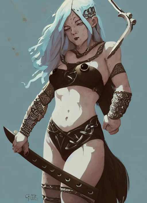 Image similar to portrait of cute muscular warrior girl cowered in celtic tattoos, dressed in armor bikini, holding a sword, dark fantasy, by atey ghailan, by greg rutkowski, by greg tocchini, by james gilleard, by joe gb fenton, by kaethe butcher, dynamic lighting, gradient light blue, brown, blonde cream and white color in scheme, grunge aesthetic
