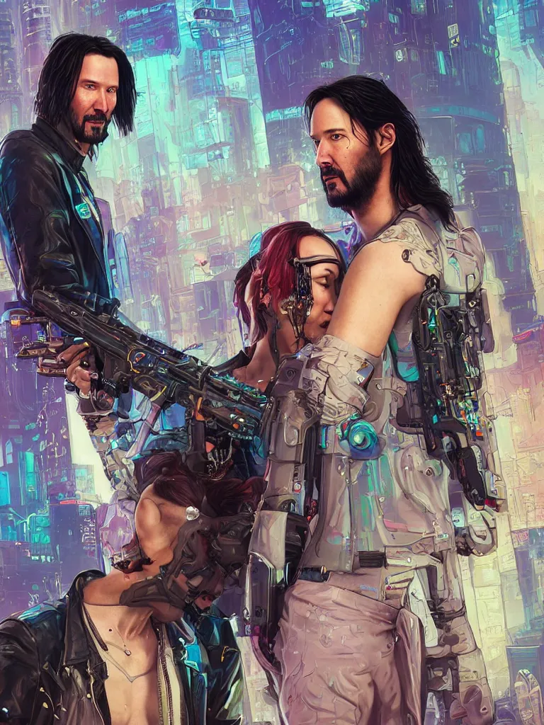 Image similar to a cyberpunk 2077 wedding couple portrait of Keanu Reeves as Johnny Silverhand and V in love story,pray,hug,hold,kiss,film lighting,by Lawrence Alma-Tadema,Andrei Riabovitchev,Laurie Greasley,Dan Mumford, John Wick,Speed,Replicas,artstation,deviantart,FAN ART,full of color,Digital painting,face enhance,highly detailed,8K,octane,golden ratio,cinematic lighting