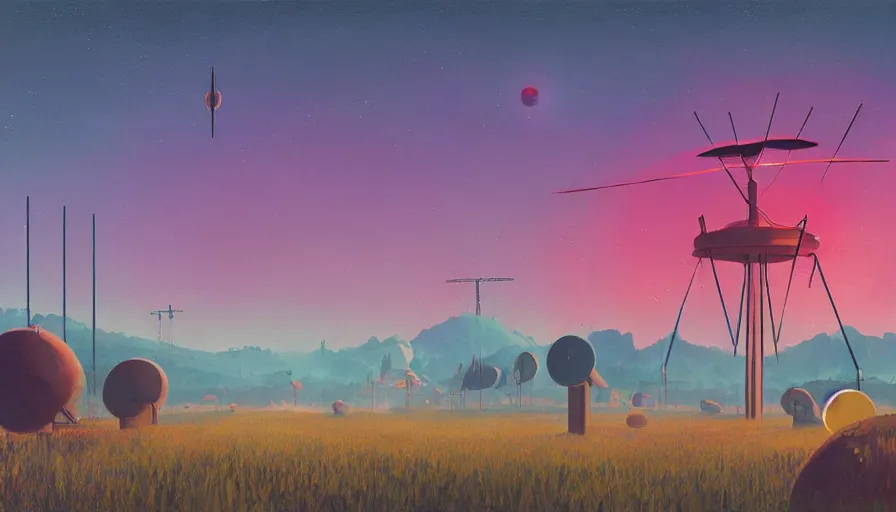 Image similar to space antennas, sun in the sky, early morning, open field, hexagon blocking the sun, simon stalenhag, art deco painting