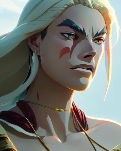 Image similar to azctec warrior, ( margot robbie ), detailed perfect face, exquisite details, fire magic, mid view, design on a white background, by studio muti, greg rutkowski makoto shinkai takashi takeuchi studio ghibli