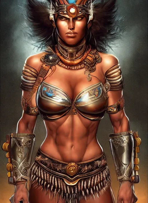 Image similar to a highly detailed symmetrical painting of a female amazon warrior with piercing beautiful eyes in dark tomb setting, dynamic lighting, ambient lighting, deviantart, art by artgerm and glenn fabry