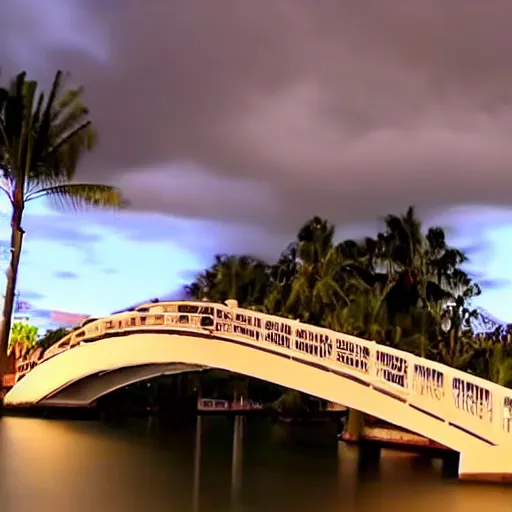 Image similar to blue hour, mostly cloudy sky, palm trees, bridge, curved bridge, dusk, 2 4 0 p footage, 2 0 0 6 youtube video