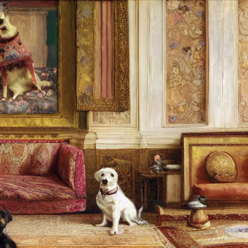 Prompt: a renaissance oil painting by Alma Tadema of a dog inside an intricately decorated living room, pastel color scheme, digital painting, high detail