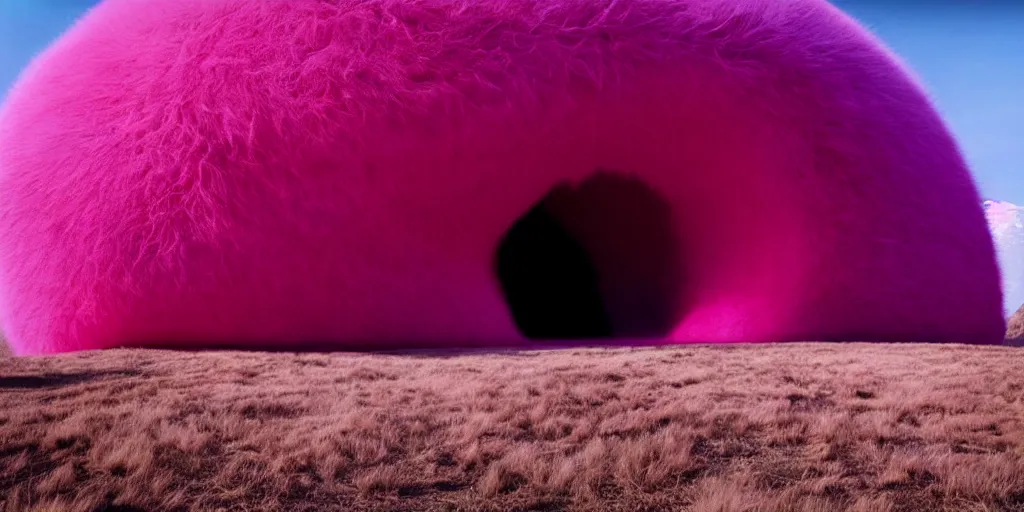 Image similar to a strange huge translucent pvc inflated organic architecture building with pink fluffy fur inside by anish kapoor sits in the rock mountains, film still from the movie directed by denis villeneuve with art direction by zdzisław beksinski, close up, telephoto lens, shallow depth of field