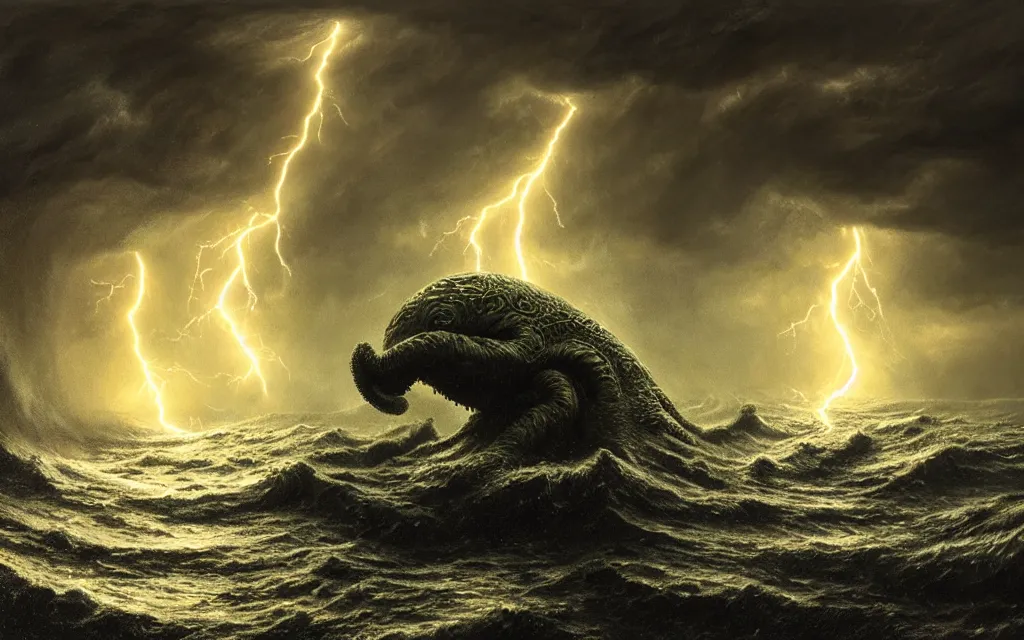 Prompt: concept art of a slimy cthulhu emerging from the ocean, thalassophobia, multiple illuminated lightning!!!, thunder!!!, sharp focus, ultra detailed, hyperrealism, intricate, amazing depth, by jeremy mann, hr giger, unreal engine highly rendered, ominous, unsettling, misty, cinematic lighting, 8 k