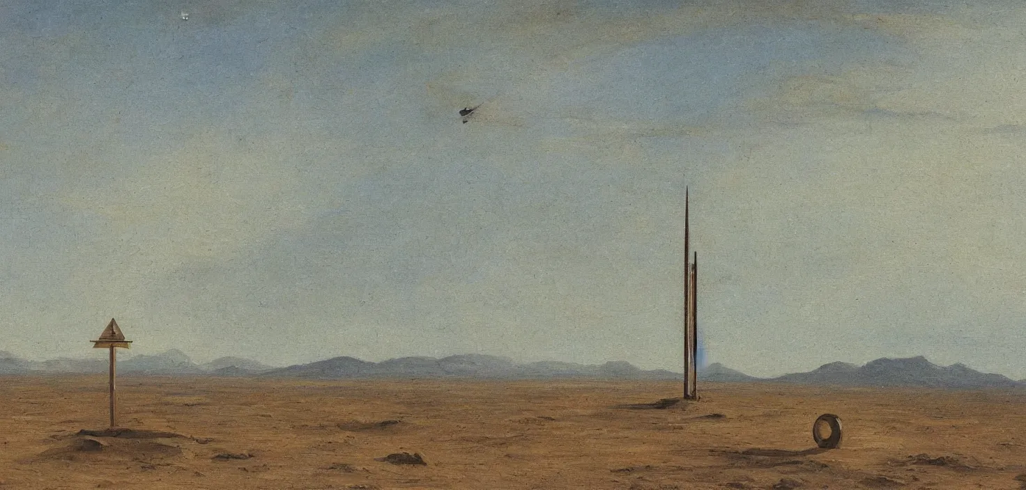 Image similar to painting of a giant sundial in the middle of the desert at the centre of a lake, small elongated planes, frenetic oil painting, values as flat shapes