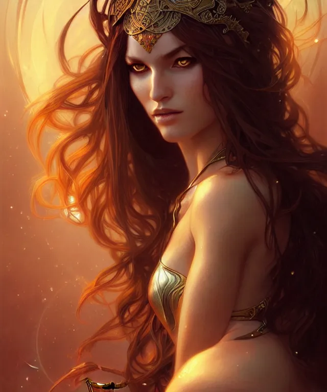 Image similar to fantasy magic woman portrait, sci-fi, amber eyes, face, long hair, fantasy, intricate, elegant, highly detailed, digital painting, artstation, concept art, smooth, sharp focus, illustration, art by artgerm and greg rutkowski and alphonse mucha