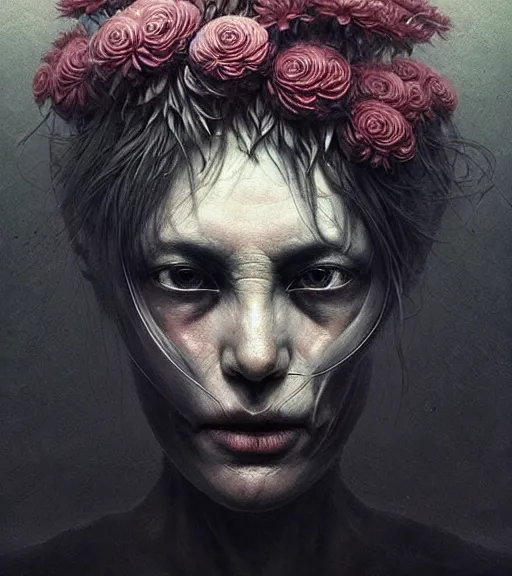 Prompt: portrait, beautiful madness, flowers by wayne barlowe, eric lacombe, henrik aa. uldalen, toru kamei, artgerm and greg rutkowski, itsuko azuma, soft textur, hyper realistic, extremely detailed mysterious, aesthetic!!! hyper detailed