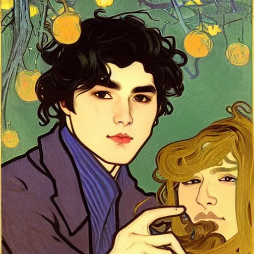 Image similar to painting of young cute handsome beautiful dark medium wavy hair man in his 2 0 s named shadow taehyung and cute handsome beautiful min - jun together at the halloween! party, bubbling cauldron!, candles!, smoke, autumn! colors, elegant, wearing suits!, clothes!, delicate facial features, art by alphonse mucha, vincent van gogh, egon schiele