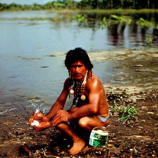 Image similar to Portrait of an Amazon indigenous tribe leader finding a plastic bottle at the shore of the Amazon River, 1980s photography