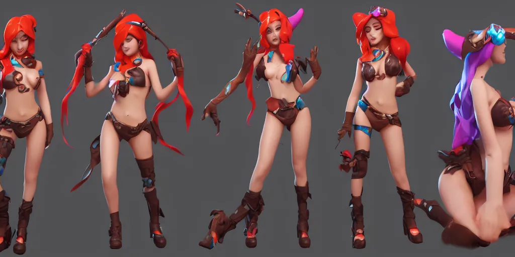 Image similar to Character sheet of pool party miss fortune (League of Legends). 3d, octane render, trending on artstation