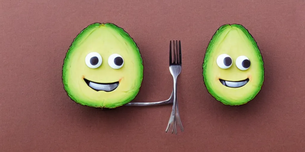 Image similar to cute smiling avocado robot with cute eyes and forks instead of arms