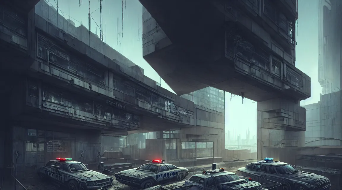 Image similar to highly detailed photography of a modern architecture post - apocalyptic police station, cyberpunk art, photorealistic, trending on artstation, organic architecture, urban archiecture, photorealistic, by wlop, by artgerm, digital art, matte art, octane render, lineart, pop art, retrofuturism, reimagined by industrial light and magic, darksynth