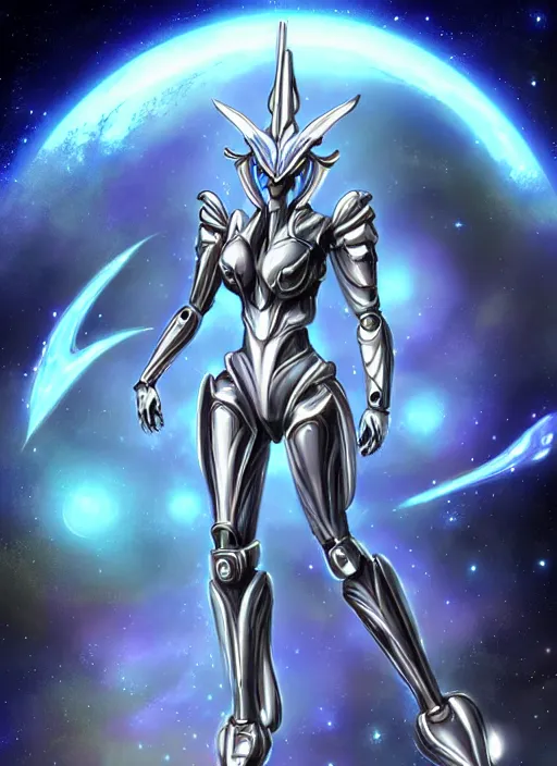 Image similar to goddess shot, galactic sized stunning beautiful anthropomorphic robot mecha female dragon, in space, larger than planets, posing elegantly, with earth in clawed hands, detailed silver armor, epic proportions, epic scale, ultra detailed digital art, furry art, macro art, dragon art, giantess art, warframe fanart, furaffinity, deviantart, realistic