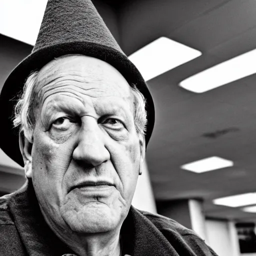 Prompt: wide angle portrait of werner herzog sitting alone in the waiting area of the dmv wearing a birthday party hat. wide shot, ansel adams, award winning, hyperrealistic, grand budapest hotel, studio lighting, very detailed face, chiaroscuro, film noir