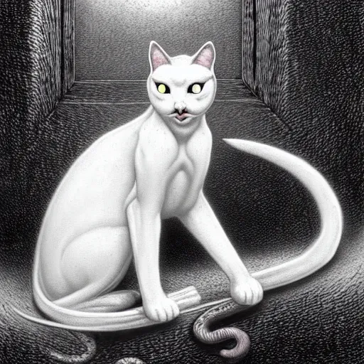 Prompt: white cat, lovecraft, art by hr giger!!!, gustave dore, artstation