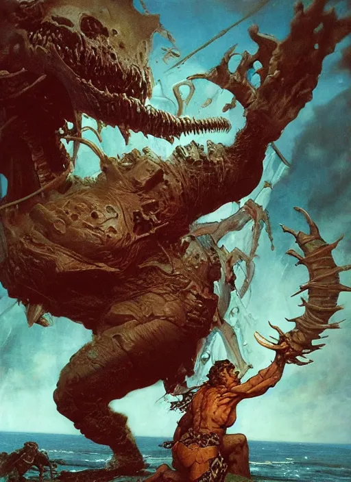 Prompt: typhon attacks, dynamic action, by lawrence alma-tadema and zdzislaw beksinski and norman rockwell and jack kirby and tom lovell and greg staples, artstation creature art