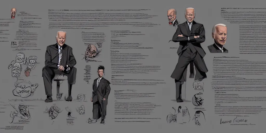 Image similar to joe biden, character sheet, concept design, contrast, kim jung gi, greg rutkowski, zabrocki, karlkka, jayison devadas, trending on artstation, 8 k, ultra wide angle, pincushion lens effect