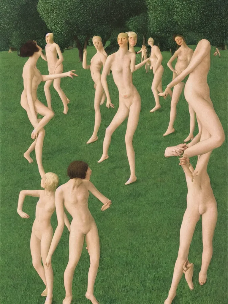 Prompt: A stylish group of disco dancers, dancing outside in a lush green field, pastel colors, long shadows. Painting by Alex Colville, Piero della Francesca
