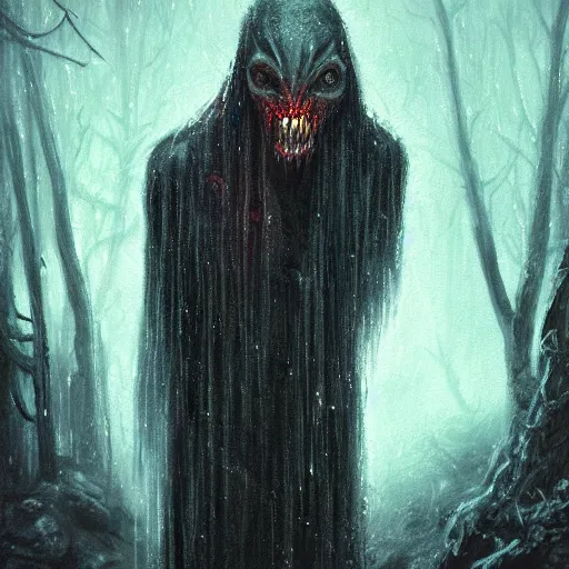 Prompt: cloaked humanoid wendigo feasting, nighttime located in a snowy dark forest, lurking horror, dungeons and dragons, magic the gathering, forboding, high detail, oil painting, style of seb mckinnon