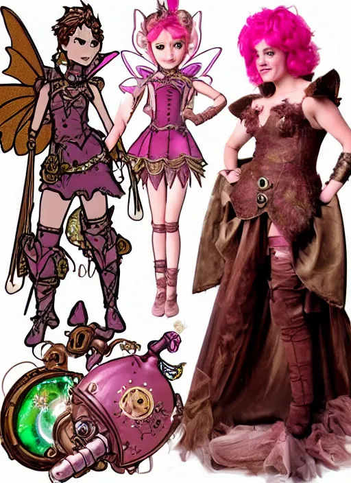 Prompt: Brown hair pink eye female faerie heart paladin planeteer + Tinkerbell +pixie hollow + steampunk + full dress + sparked and a full plate armor + D&D + full body