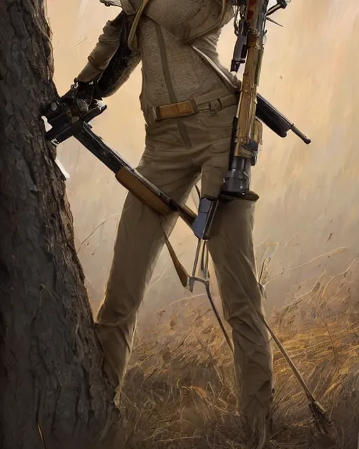 Image similar to miranda kerr with long blonde hair versus long barreled 9 0 sniper rifle : : weta disney pixar movie fullbody still photo : : hi - fructose, sci fi decadent highly - detailed digital painting, golden ratio, octane render, artstation, smooth, sharp focus, artgerm, mucha, loish, wlop : :