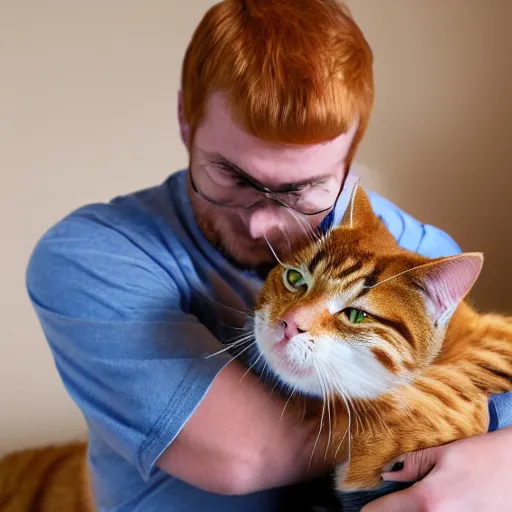 Prompt: a photo of a man with orange skin petting a cat, ultra high detail, 8 k.