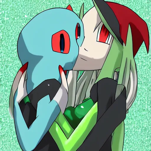 Image similar to advanced anime digital art, Pokemon female Gardevoir hugging their pokemon trainer by Ken Sugimori