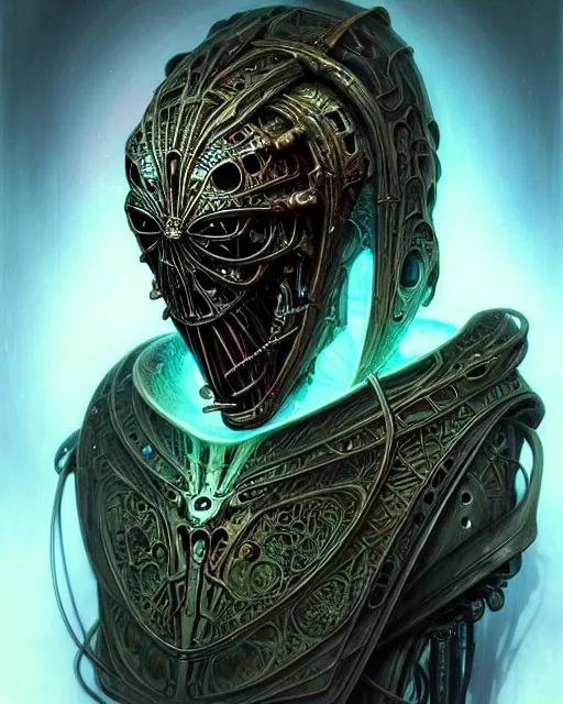 Prompt: front shot of a ancient futuristic hooded dead biomechanical demon in dichroic glass mask mastermind character, intricate, elegant, highly detailed, centered depth of field. blurred background, (((artstation, concept art, smooth, sharp focus, artgerm, Tomasz Alen Kopera, Peter Mohrbacher, donato giancola, Joseph Christian Leyendecker, WLOP, Boris Vallejo))), mugshot!!!!!, ugly!!!!!!, octane render, nvidia raytracing demo, grainy, muted