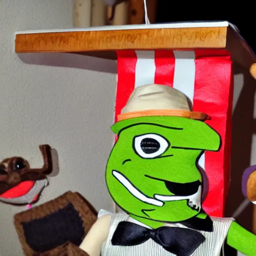 Image similar to happy pepe the miner in a puppet show