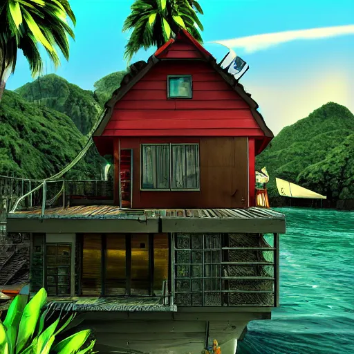 Image similar to Gorillaz Plastic Beach house on island, Realistic, HDR, 2010 style,,