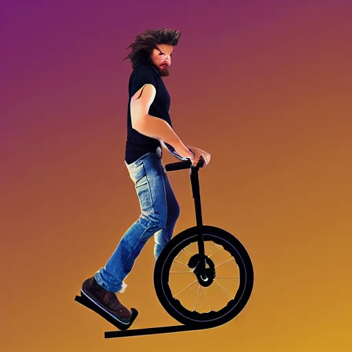 Prompt: “ man with mullet riding electric unicycle, digital art, 8 k ”