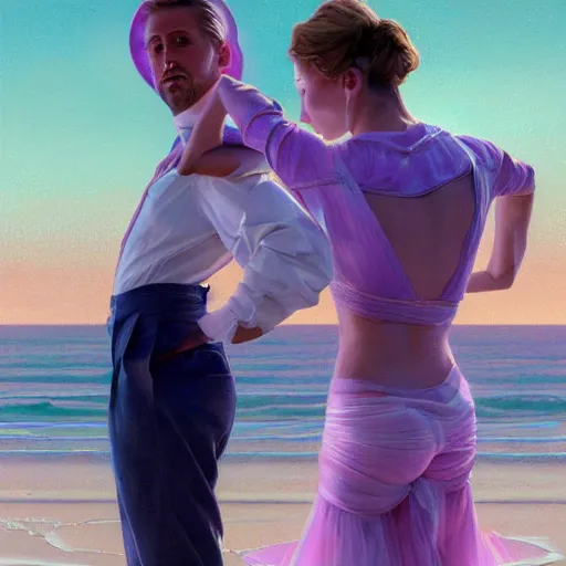 Prompt: ryan gosling robotic clothes in the beach purple sun, dancing ballet, effeminate, pink lighting ultra realistic photorealistic highly detailed high quality, a stunningly, digital painting, artstation, concept art, smooth, sharp focus, illustration, art by artgerm and greg rutkowski and alphonse mucha 8 k