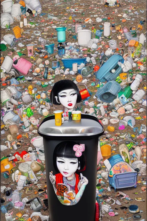 Prompt: full view, from a distance, of anthropomorphic taiwanese trashcan full of trash, style of yoshii chie and hikari shimoda and martine johanna, highly detailed